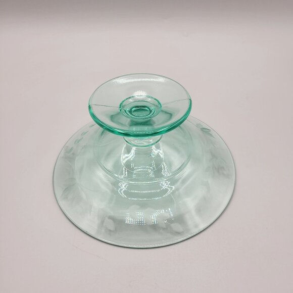 1930s Compote Bowl Etched Green Uranium Glass Glowing Glass - Picture 9 of 9